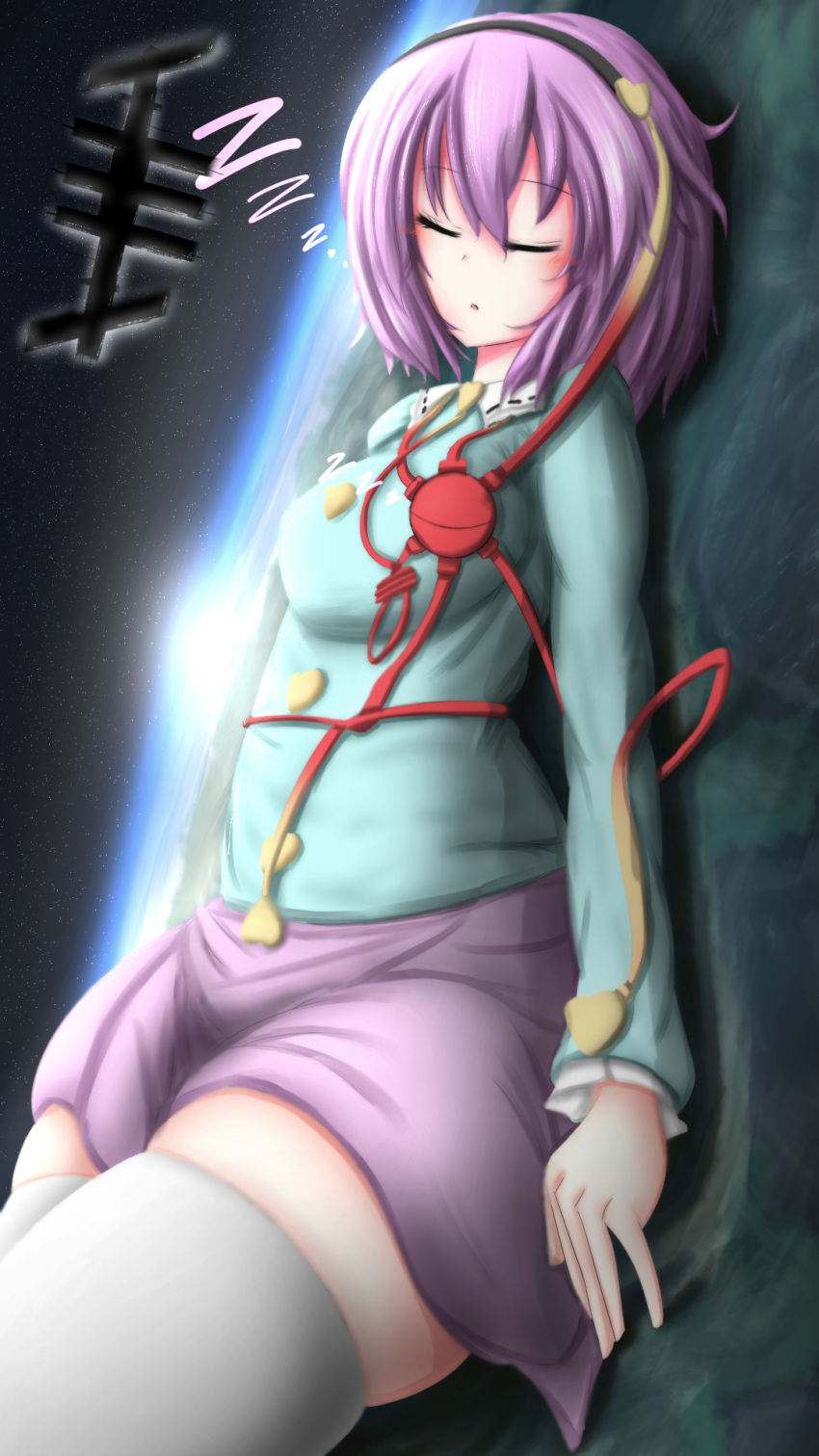 1girl, closed_eyes, earth, giantess, hairband, heart, highres, international_space_station