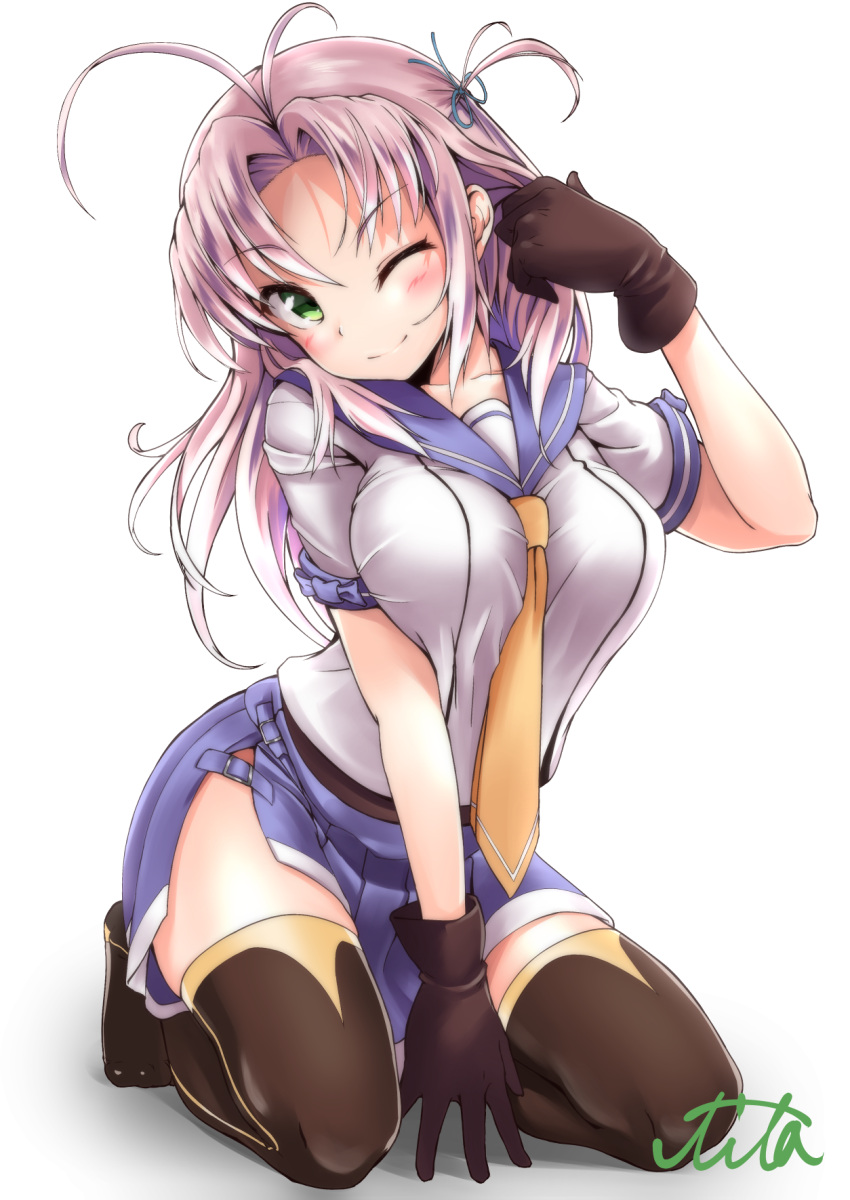 1girl, ahoge, artist_name, bangs, between_breasts, between_thighs, black_gloves, black_legwear