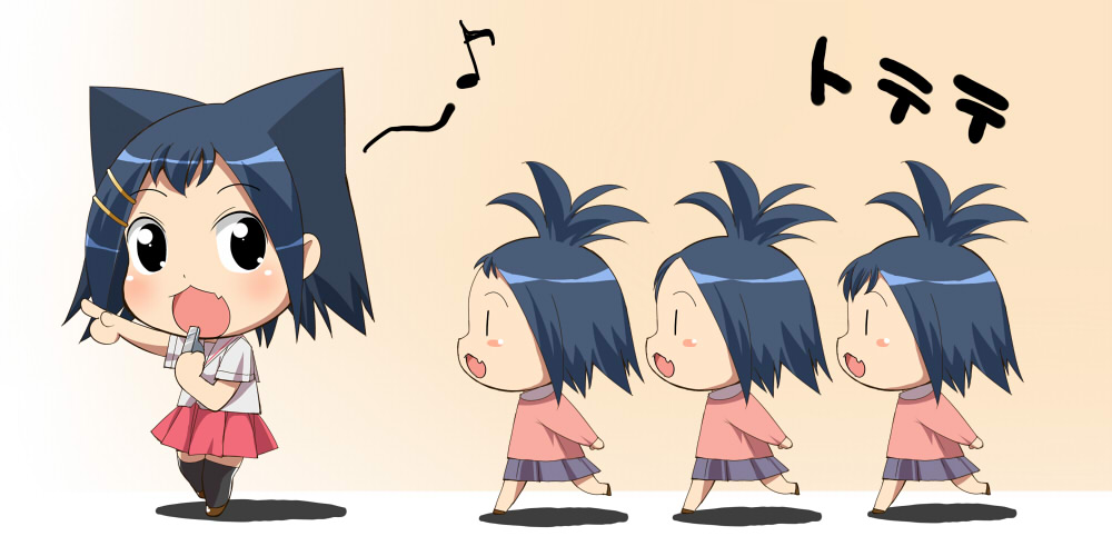 animal_ears, black_eyes, blue_hair, blush, cat_ears, chibi, child, fang