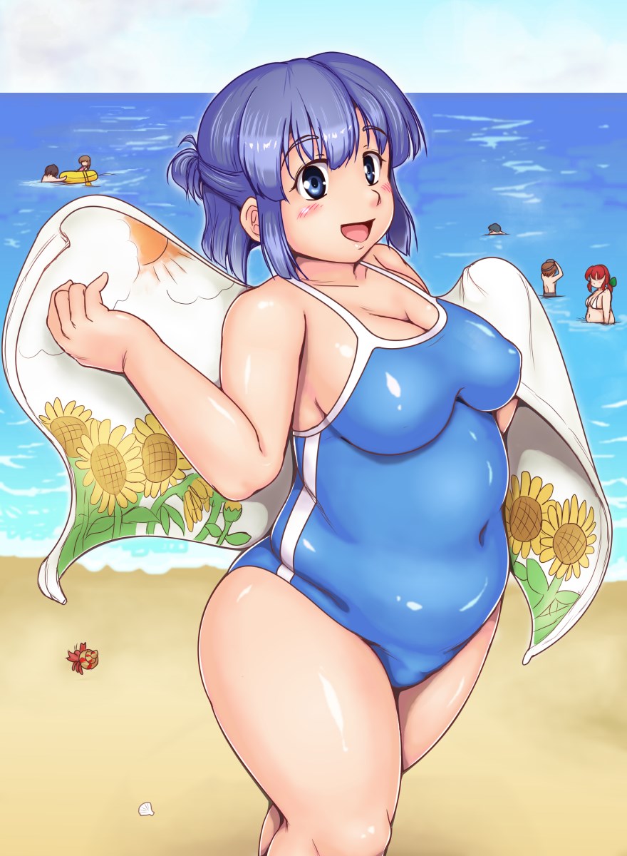 3boys, 3girls, :d, big_belly, blue_eyes, blue_hair, breasts, commentary_request