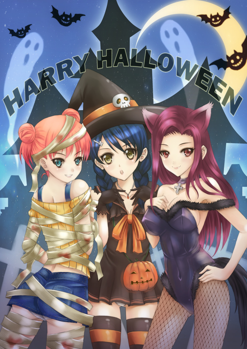 3girls, :o, absurdres, animal_ears, bandages, bare_shoulders, blue_eyes, blue_hair
