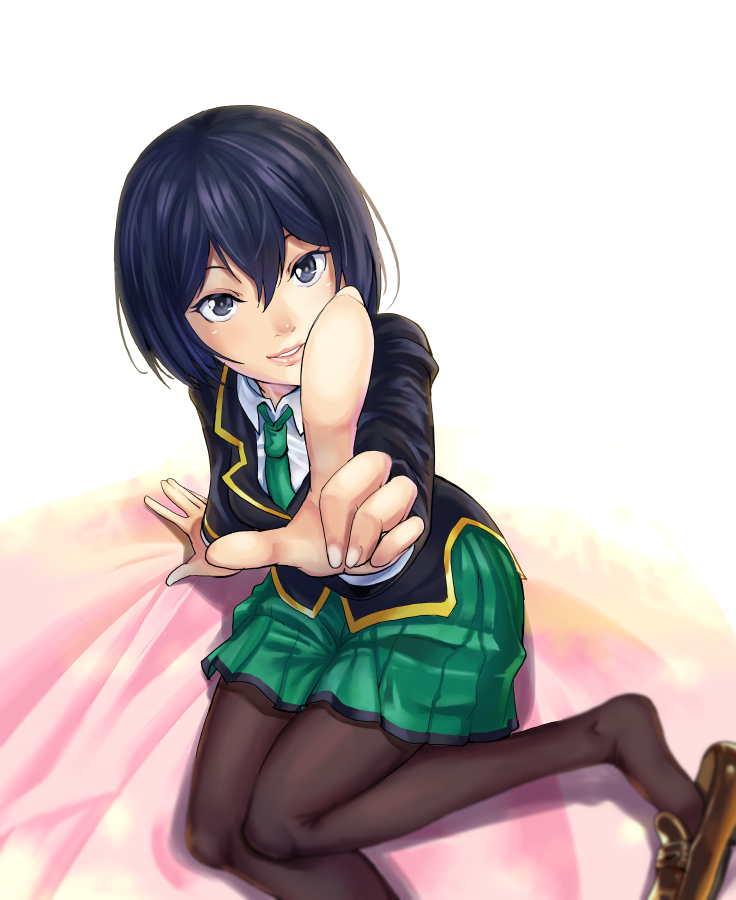 1girl, aona_(kuuga19yuu), arm_support, black_eyes, black_hair, black_legwear, foreshortening, from_above