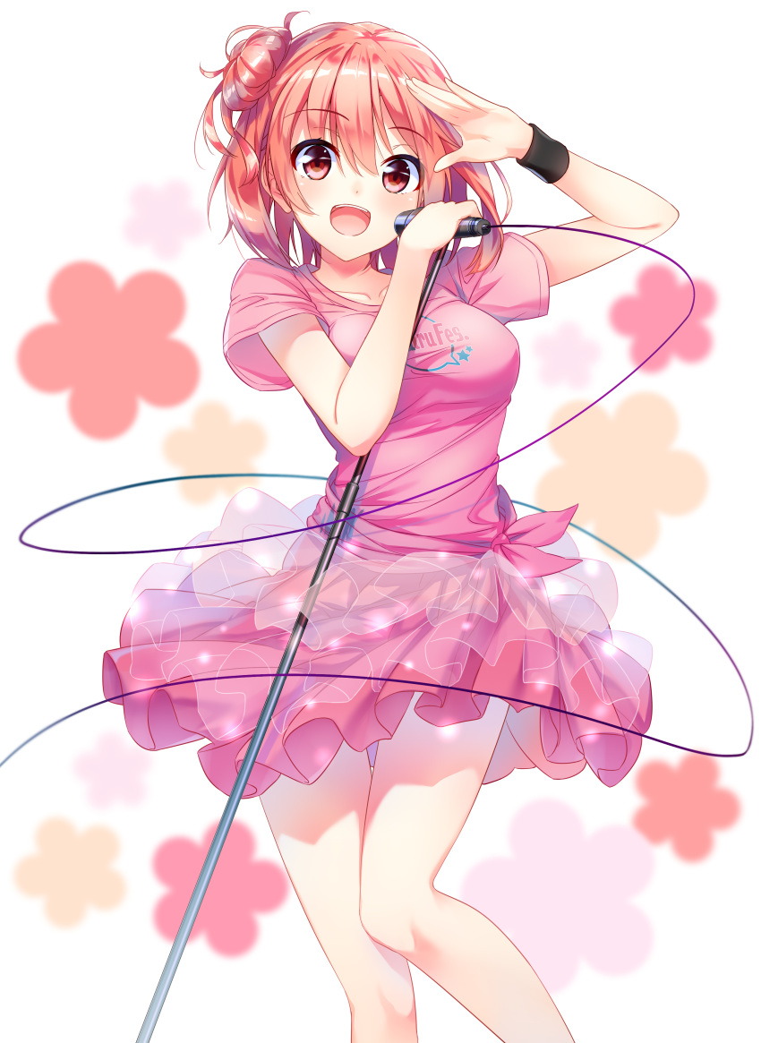 1girl, :d, absurdres, brown_eyes, clothes_writing, highres, microphone, open_mouth, orange_hair, salute, shirt, side_bun, skirt, smile, solo, sora_from_france, t-shirt, wristband, yahari_ore_no_seishun_lovecome_wa_machigatteiru., yuigahama_yui