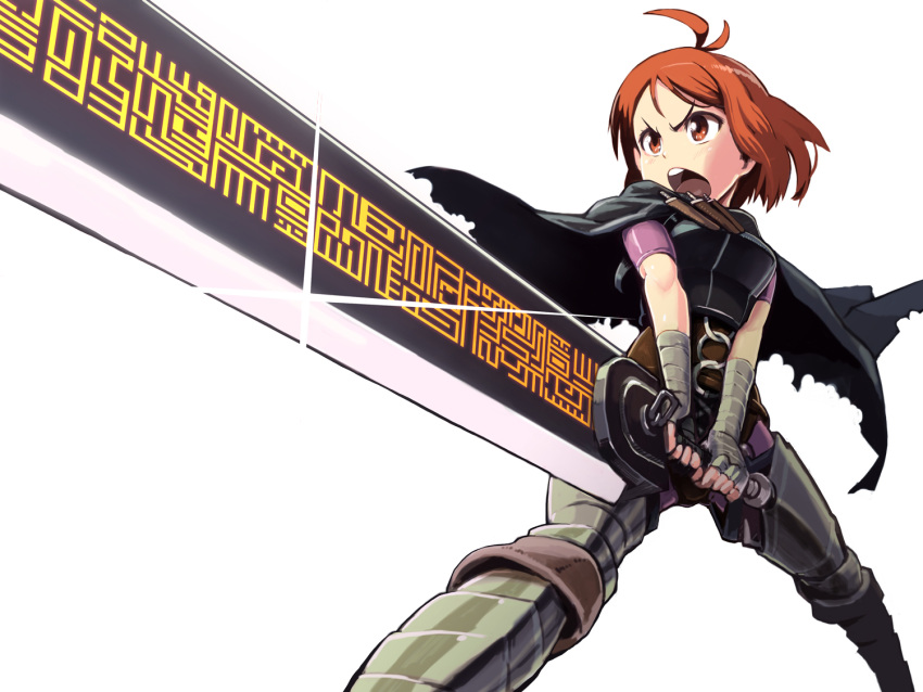 1girl, ahoge, alternate_costume, bandages, berserk, boots, broadsword, brown_eyes