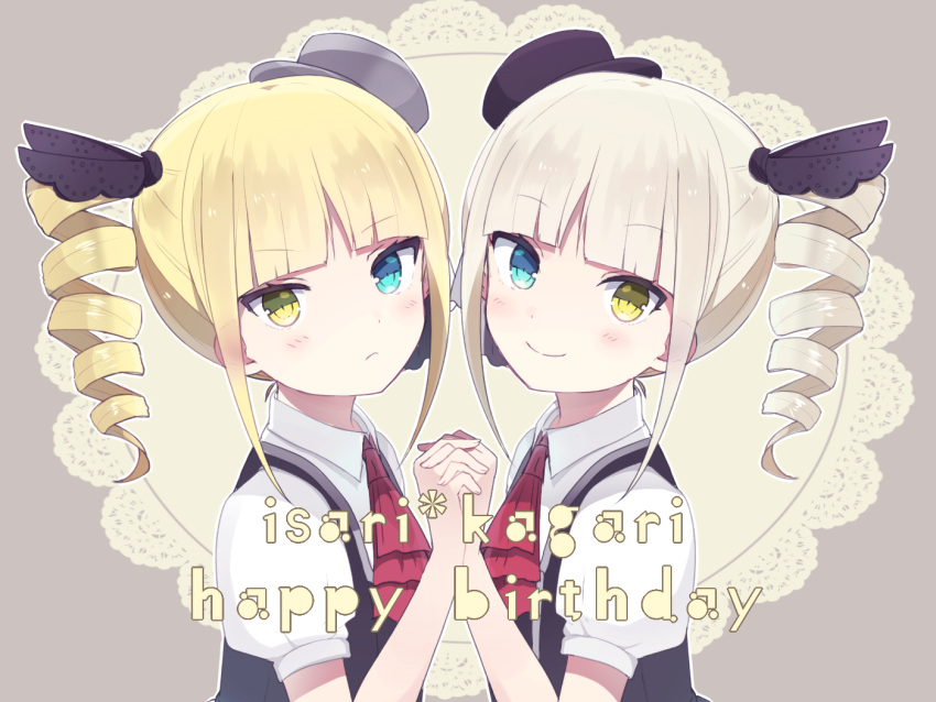 2girls, bangs, blonde_hair, blue_eyes, blunt_bangs, character_name, choker, cravat