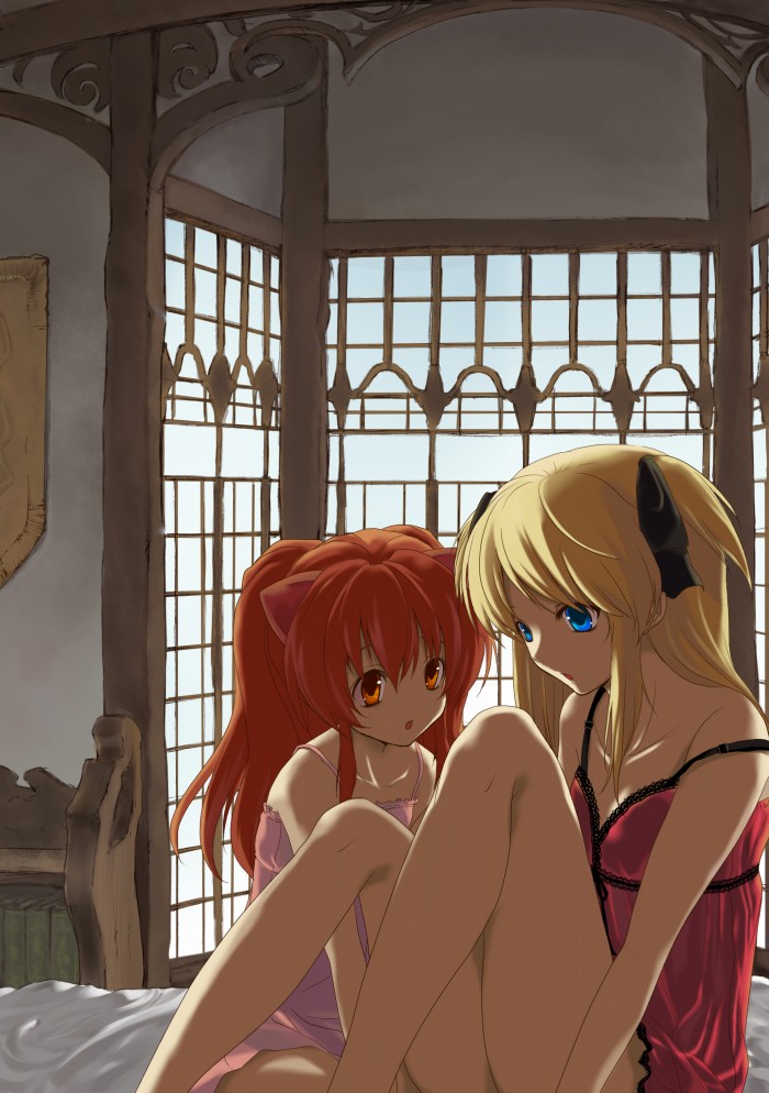 aloe, backlighting, bed, blonde_hair, blue_eyes, bottomless, camisole, kaji_(pixiv)