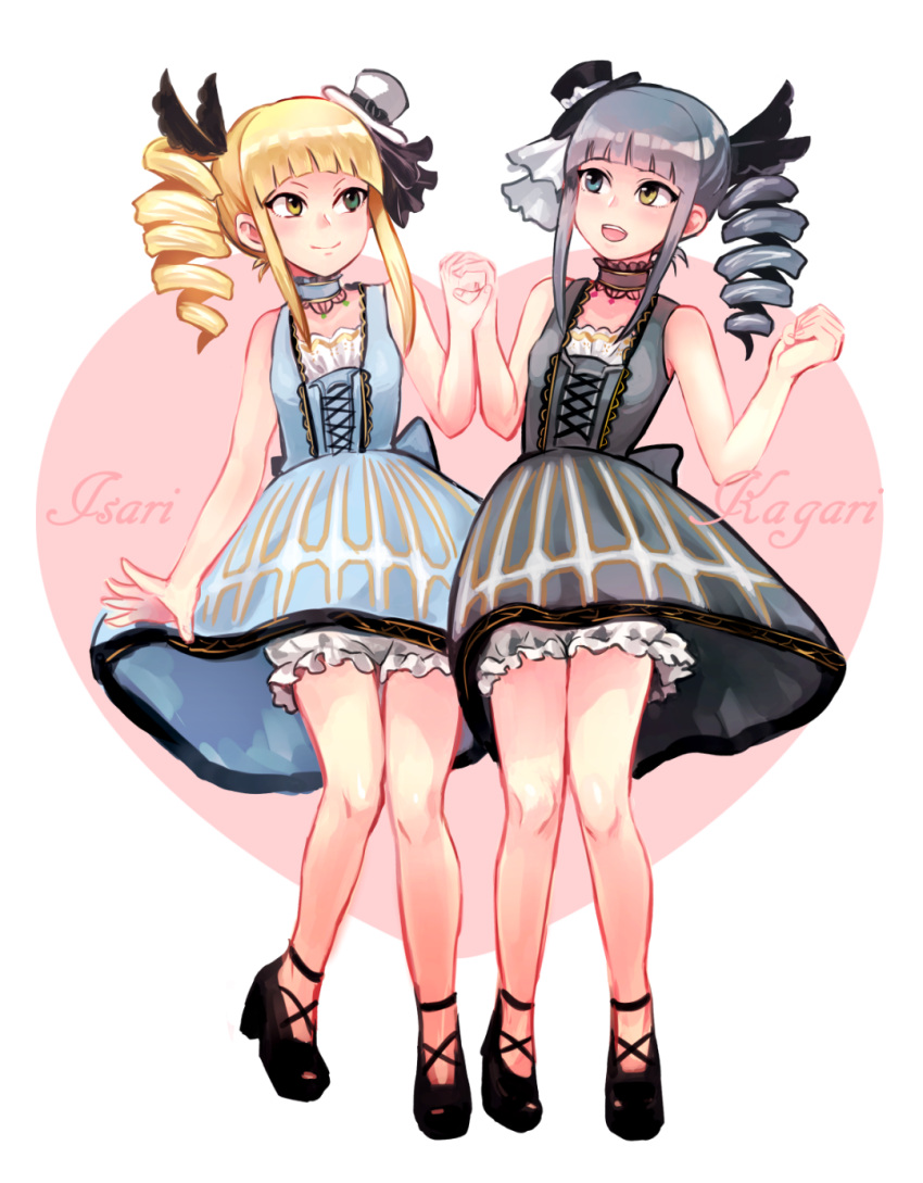 2girls, bangs, bare_shoulders, blonde_hair, bloomers, blue_eyes, blunt_bangs, character_name