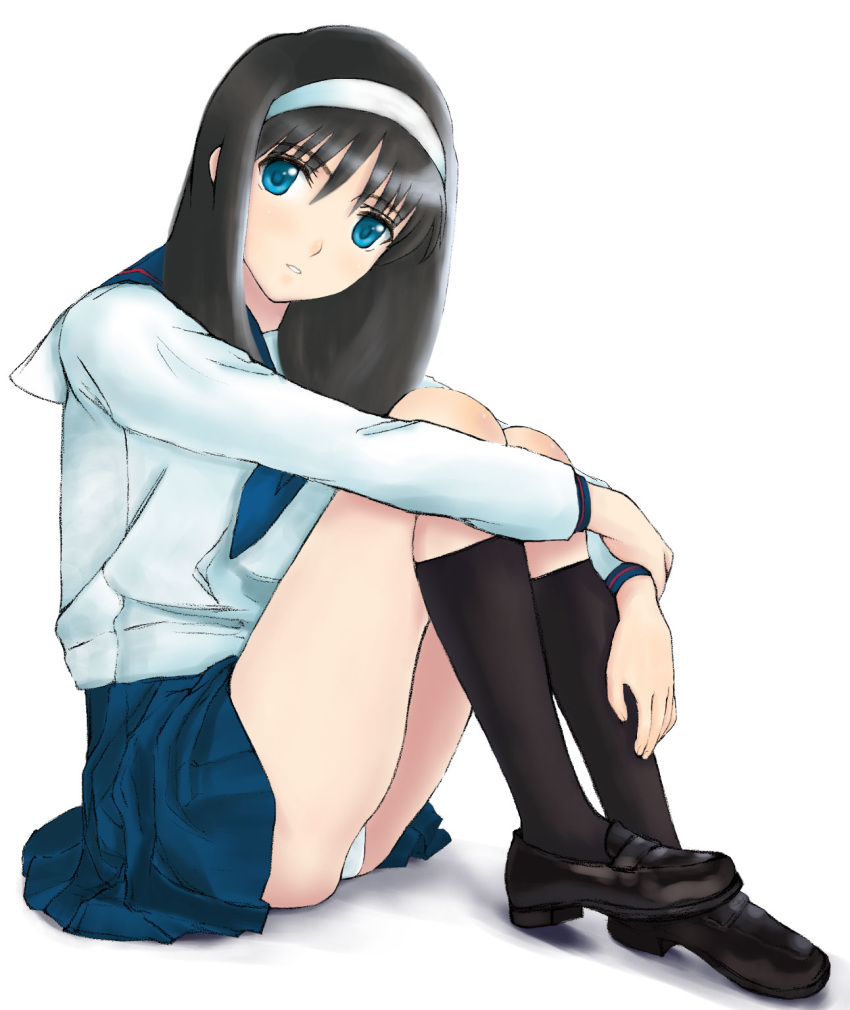 hairband, headband, highres, hyukki, leg_hug, long_hair, panchira_sit, panties