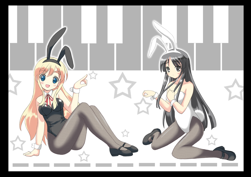 akiyama_mio, animal_ears, black_eyes, black_hair, blonde_hair, blue_eyes, bunny_ears, bunnysuit
