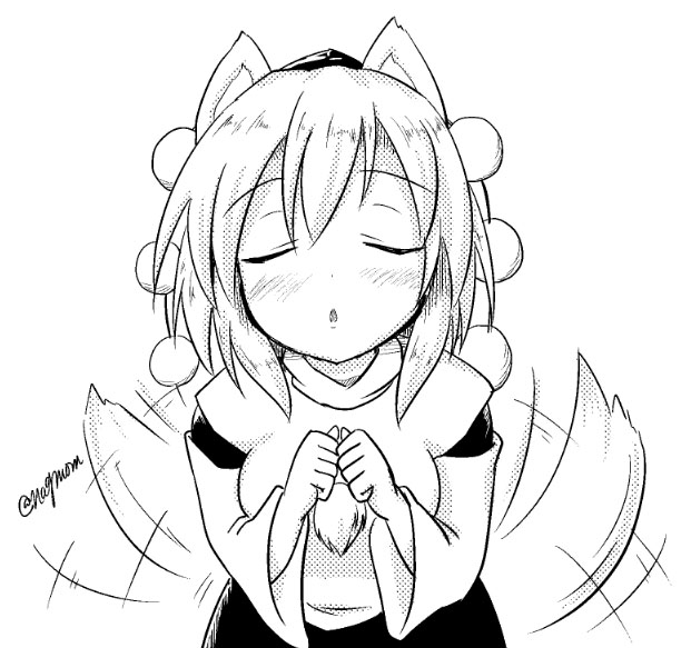 1girl, animal_ears, blush, breasts, detached_sleeves, hat, incoming_kiss, inubashiri_momiji, kiss, looking_at_viewer, monochrome, pom_pom_(clothes), short_hair, signature, simple_background, skirt, solo, tail, tail_wagging, taurine_8000mg, tokin_hat, touhou, white_background, wolf_ears, wolf_tail
