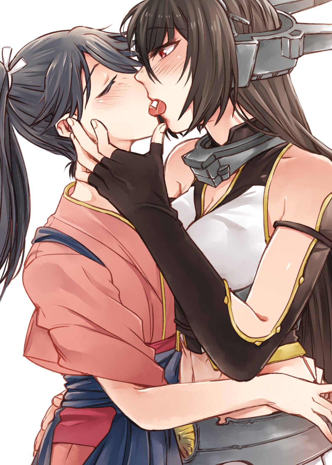 2girls, bai_lao_shu, black_hair, blush, closed_eyes, french_kiss, highres, houshou_(kantai_collection), japanese_clothes, kantai_collection, kiss, midriff, multiple_girls, nagato_(kantai_collection), navel, ponytail, red_eyes, tongue, yuri