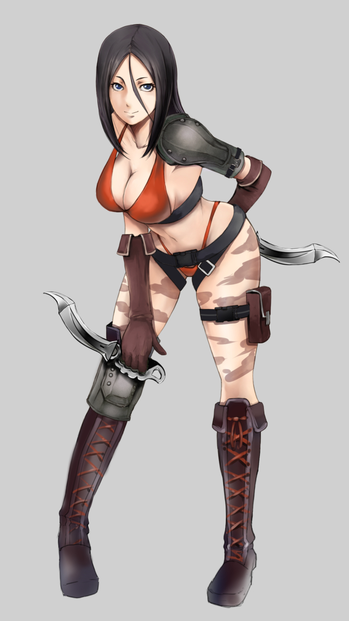1girl, belt, bikini, black_hair, blue_eyes, boots, breasts, brown_boots