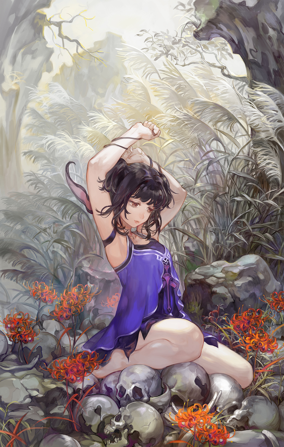 1girl, arms_up, bangs, black_hair, brown_eyes, ching_nu_yu_hun, ching_nu_yu_hun_2, dress