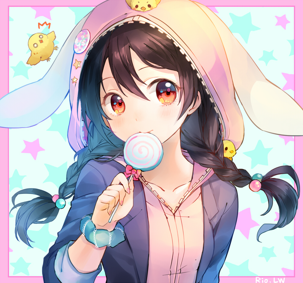 1girl, animal_hood, black_hair, blush, braid, candy, collarbone, hair_ornament