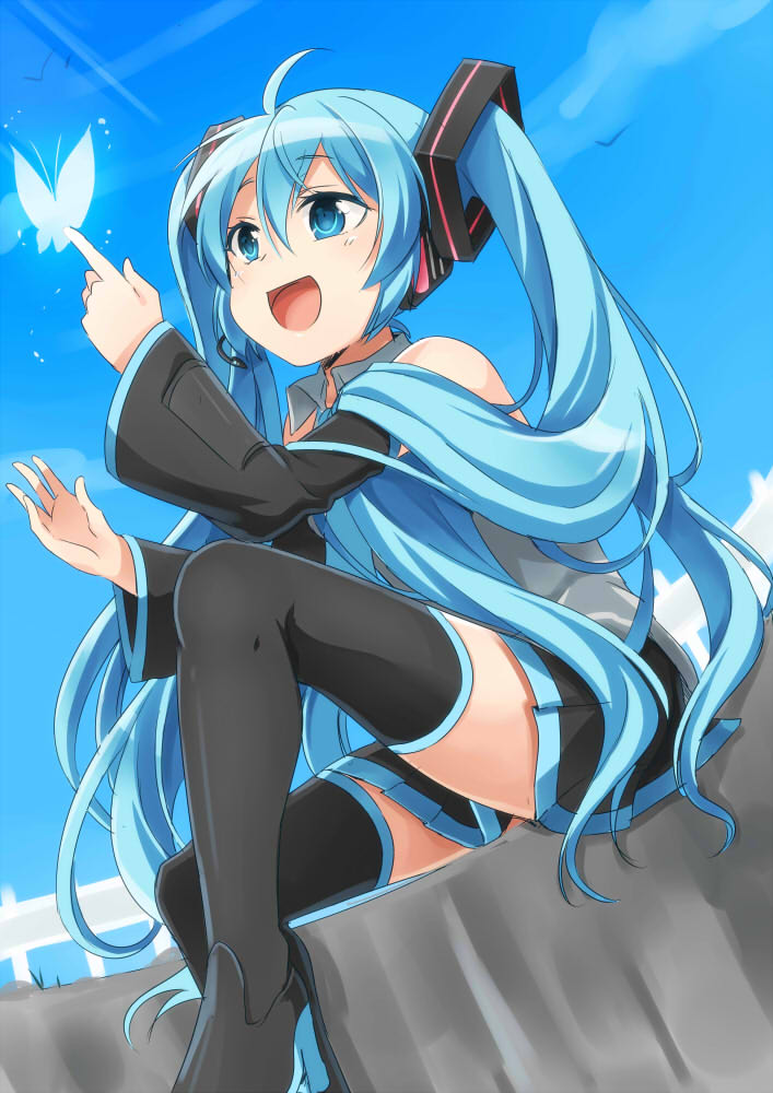 1girl, ahoge, aqua_eyes, aqua_hair, detached_sleeves, hatsune_miku, headset, long_hair