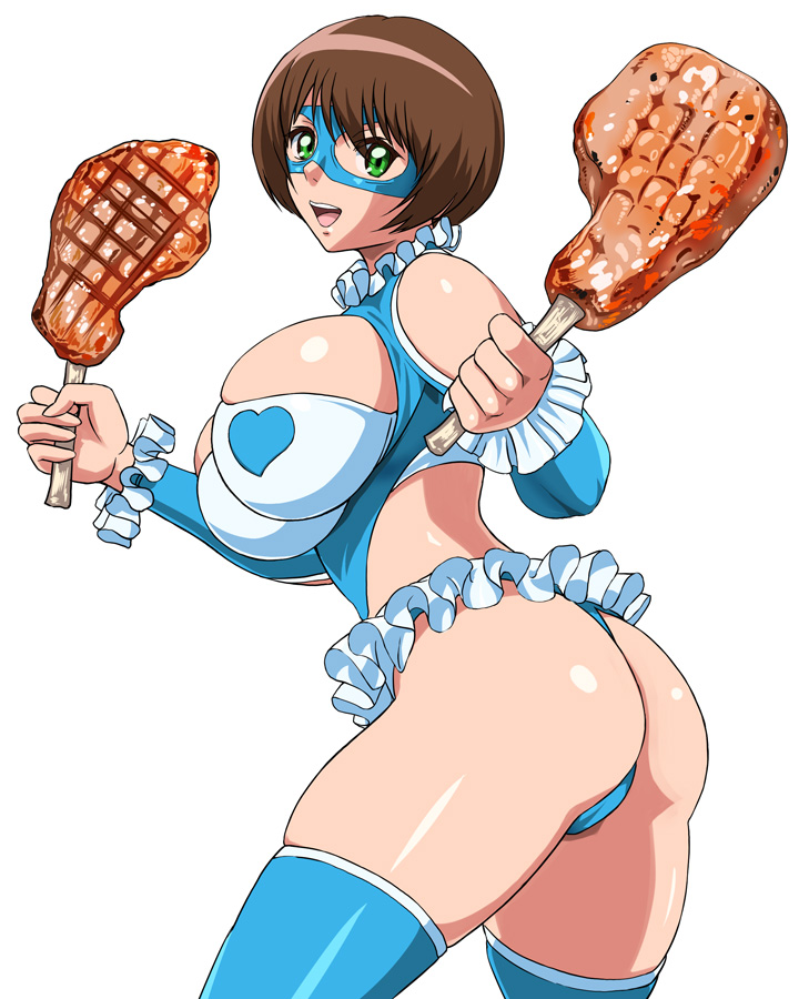 1girl, ass, bare_shoulders, blue_legwear, breasts, brown_eyes, food, green_eyes