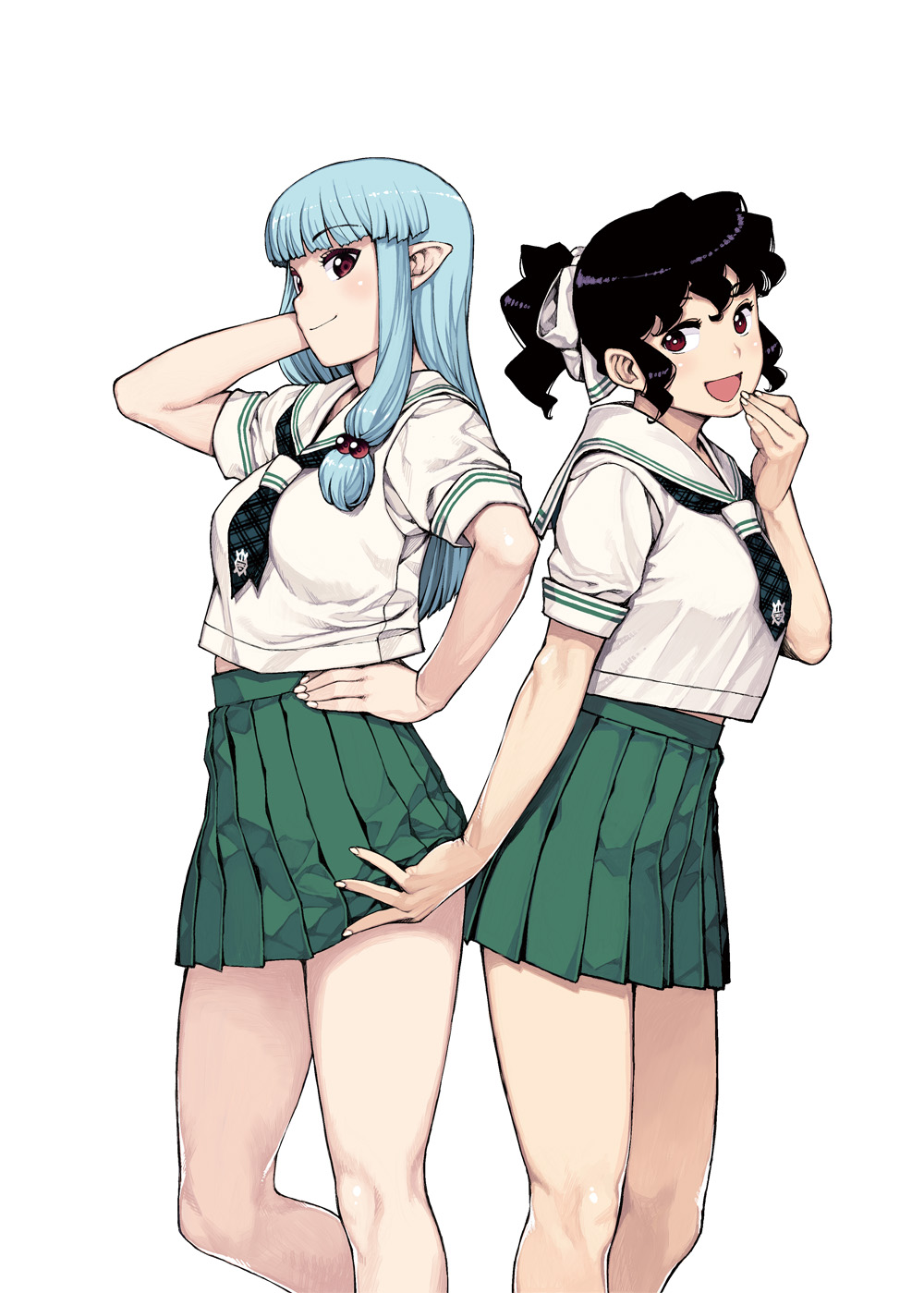 2girls, back-to-back, belly_peek, black_hair, blue_hair, breasts, hair_bobbles, hair_ornament