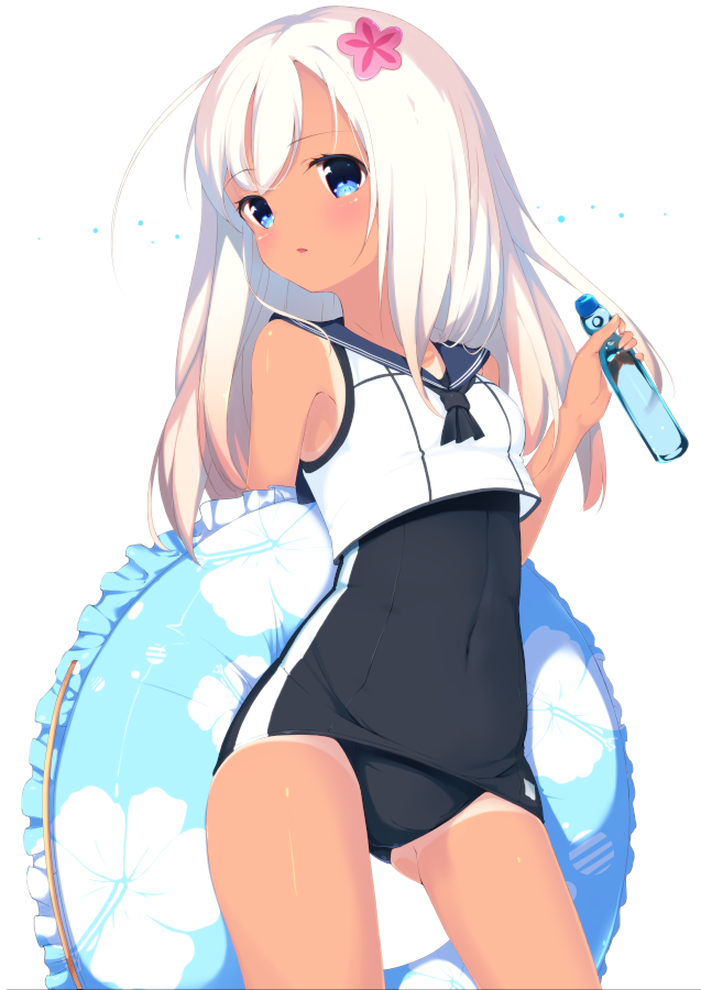 1girl, blue_eyes, blush, covered_navel, flower, hair_flower, hair_ornament, kantai_collection, long_hair, naoya_come, ramune, ro-500_(kantai_collection), school_swimsuit, school_uniform, simple_background, solo, swimsuit, swimsuit_under_clothes, tan, tanline, white_background, white_hair