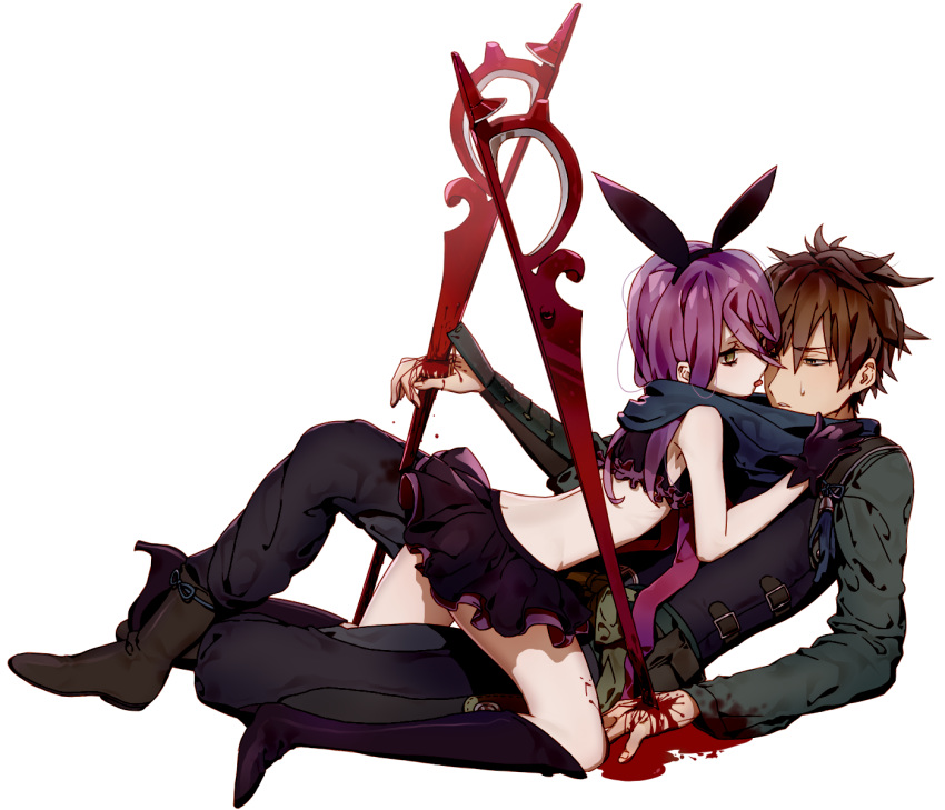 1boy, 1girl, arched_back, armor, bangs, black_gloves, black_skirt, blood