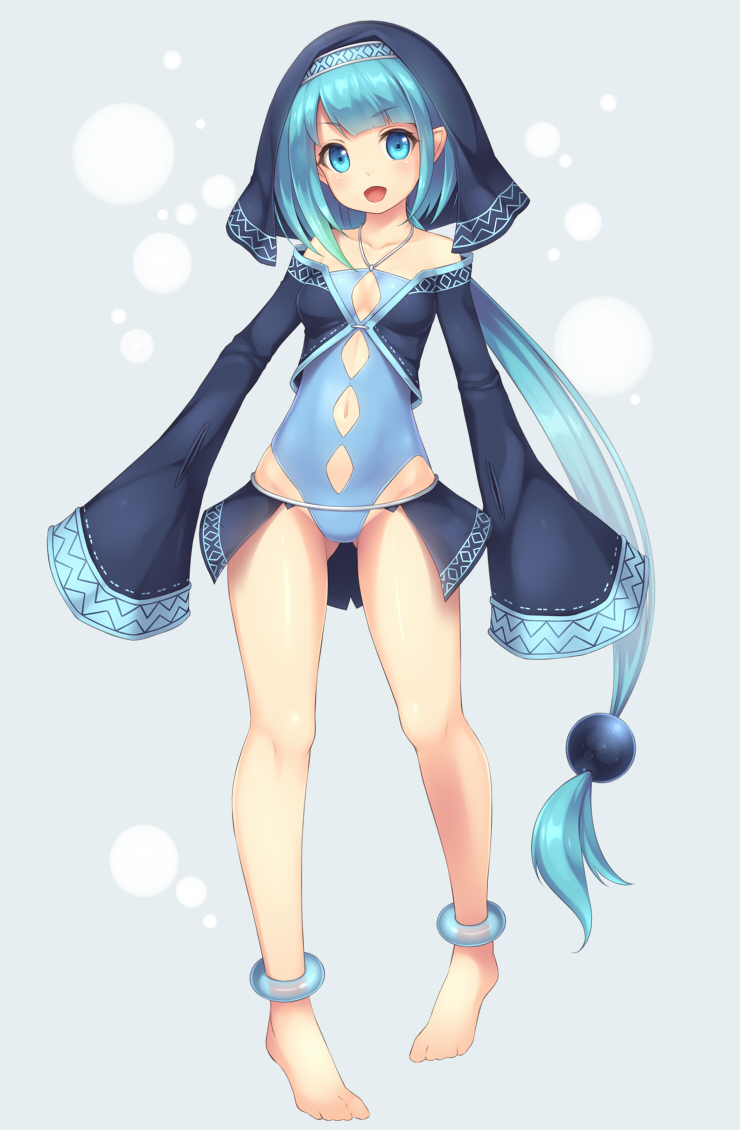1girl, :d, anklet, barefoot, blue_eyes, blue_hair, cropped_jacket, habit