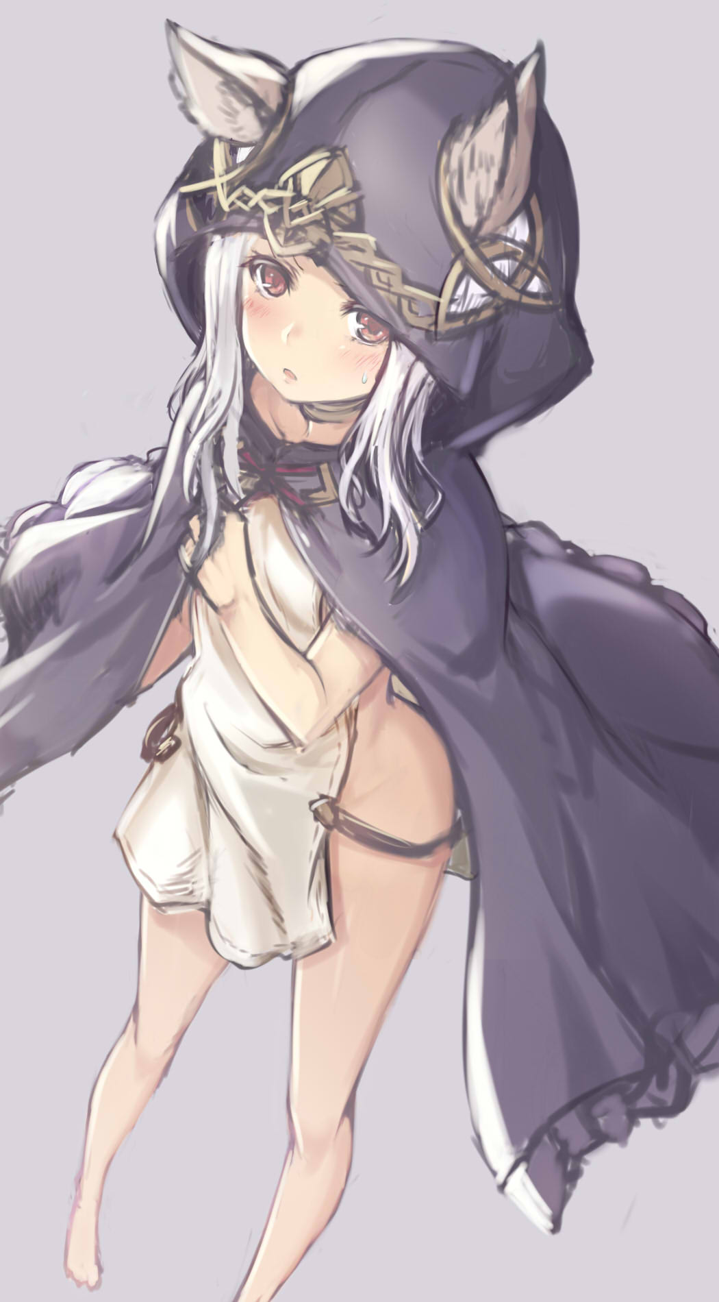 1girl, animal_ears, bare_legs, barefoot, blush, cape, cat_ears, dress