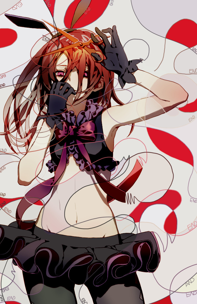 1girl, argyle, black_gloves, black_legwear, black_skirt, bow, cutting_hair, emje_(uncover)