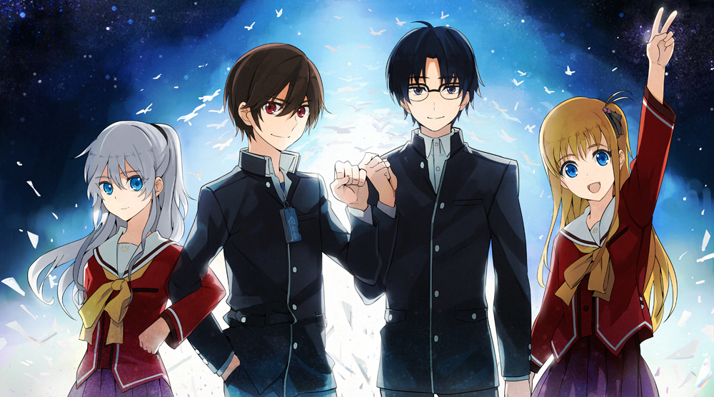 2boys, 2girls, black_eyes, black_hair, blonde_hair, blue_eyes, charlotte_(anime), glasses