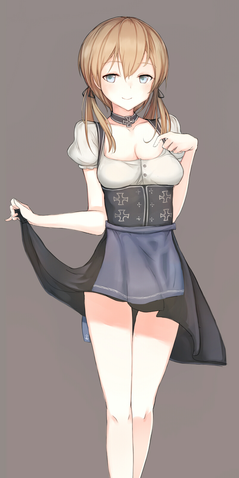 1girl, anchor_hair_ornament, blonde_hair, blush, breasts, cleavage, dirndl, german_clothes, guanhian, hair_ornament, highres, iron_cross, kantai_collection, long_hair, prinz_eugen_(kantai_collection), smile, solo, twintails, underbust