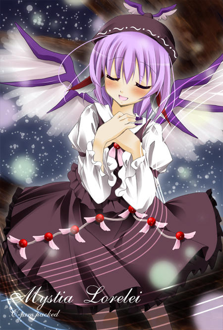 bad_id, blush, character_name, closed_eyes, hat, mystia_lorelei, purple_hair, sakurato_arusu, singing, solo, touhou, wings