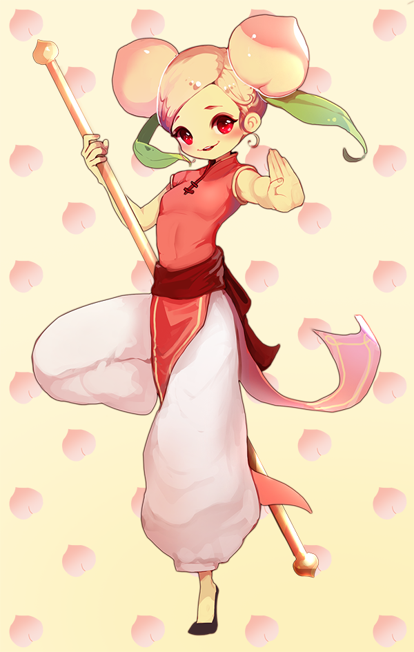 1girl, bangs, blush, chinese_clothes, cookie_run, double_bun, food, fruit, full_body, looking_at_viewer, parted_bangs, peach, peach_cookie, pink_hair, red_eyes, ruck, short_sleeves, solo