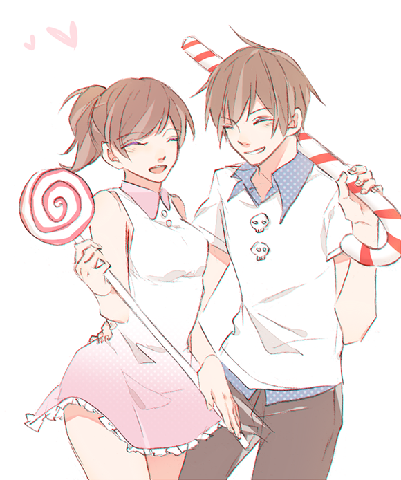 1boy, 1girl, brown_hair, candy, candy_cane, cheerful_cookie, closed_eyes, cookie_run