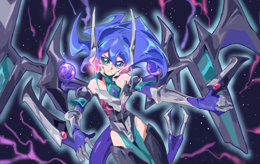 1girl, aqua_eyes, blue_hair, dark_rebellion_xyz_dragon, dark_rebellion_xyz_dragon_(cosplay), dragon_girl, hair_down, highres, kat_(4681526), long_hair, multicolored_hair, serena_(yuu-gi-ou_arc-v), solo, two-tone_hair, wings, yuu-gi-ou, yuu-gi-ou_arc-v