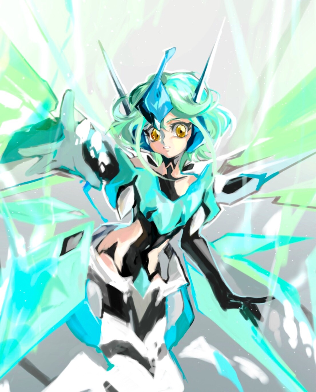 1girl, clear_wing_synchro_dragon, clear_wing_synchro_dragon_(cosplay), dragon_girl, female, green_hair, highres, kat_(4681526), multicolored_hair, rin_(yuu-gi-ou_arc-v), short_hair, solo, two-tone_hair, wings, yellow_eyes, yuu-gi-ou, yuu-gi-ou_arc-v