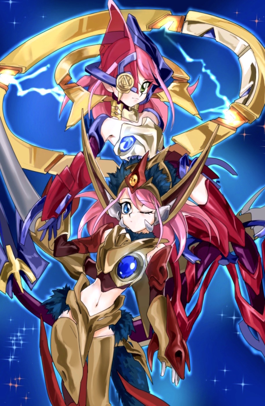 1girl, beast-eyes_pendulum_dragon, beast-eyes_pendulum_dragon_(cosplay), blue_eyes, dragon_girl, dual_persona, eyepatch, fur_trim, green_eyes, hair_down, highres, hiiragi_yuzu, kat_(4681526), midriff, multicolored_hair, navel, pink_hair, rune-eyes_pendulum_dragon, rune-eyes_pendulum_dragon_(cosplay), two-tone_hair, yuu-gi-ou, yuu-gi-ou_arc-v