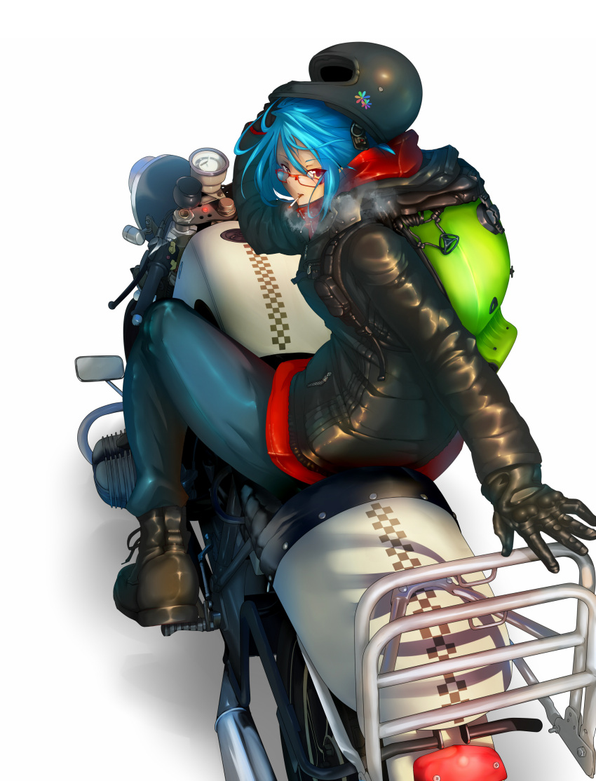 1girl, absurdres, black_gloves, black_shoes, blue_hair, blue_pants, bmw, checkered
