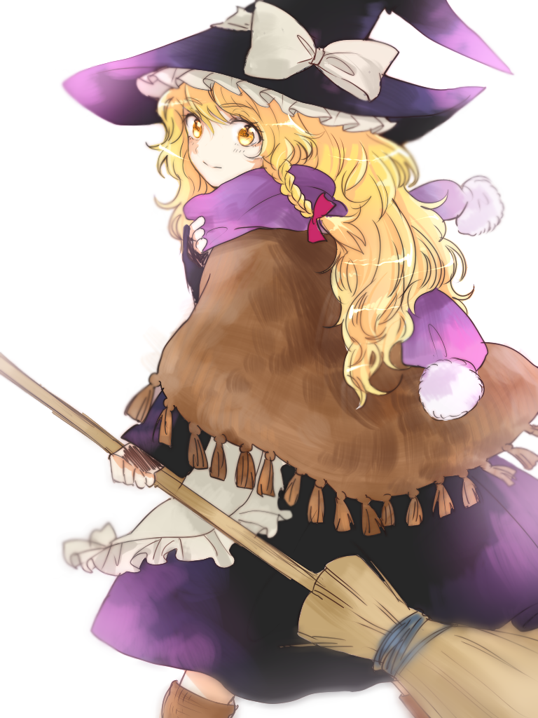 1girl, adapted_costume, apron, black_dress, blonde_hair, bow, braid, broom