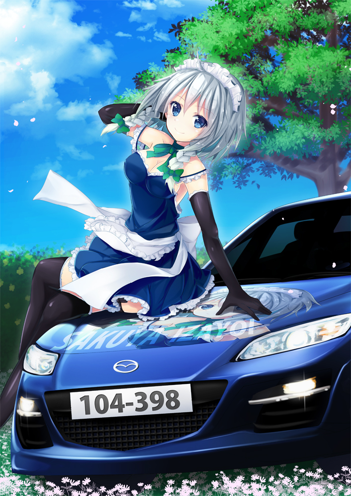 1girl, apron, arm_behind_head, black_gloves, black_legwear, blouse, blue_eyes, braid