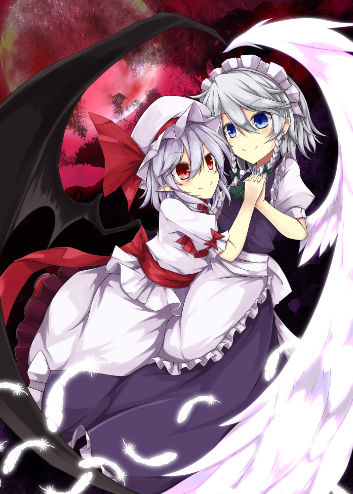2girls, akisome_hatsuka, angel_wings, apron, bat_wings, blouse, blue_eyes, blue_hair