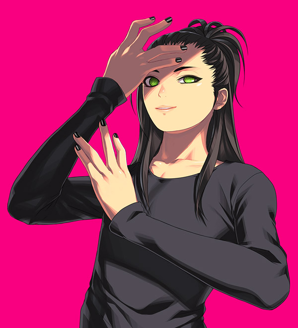 black_hair, green_eyes, isobe, long_hair, male