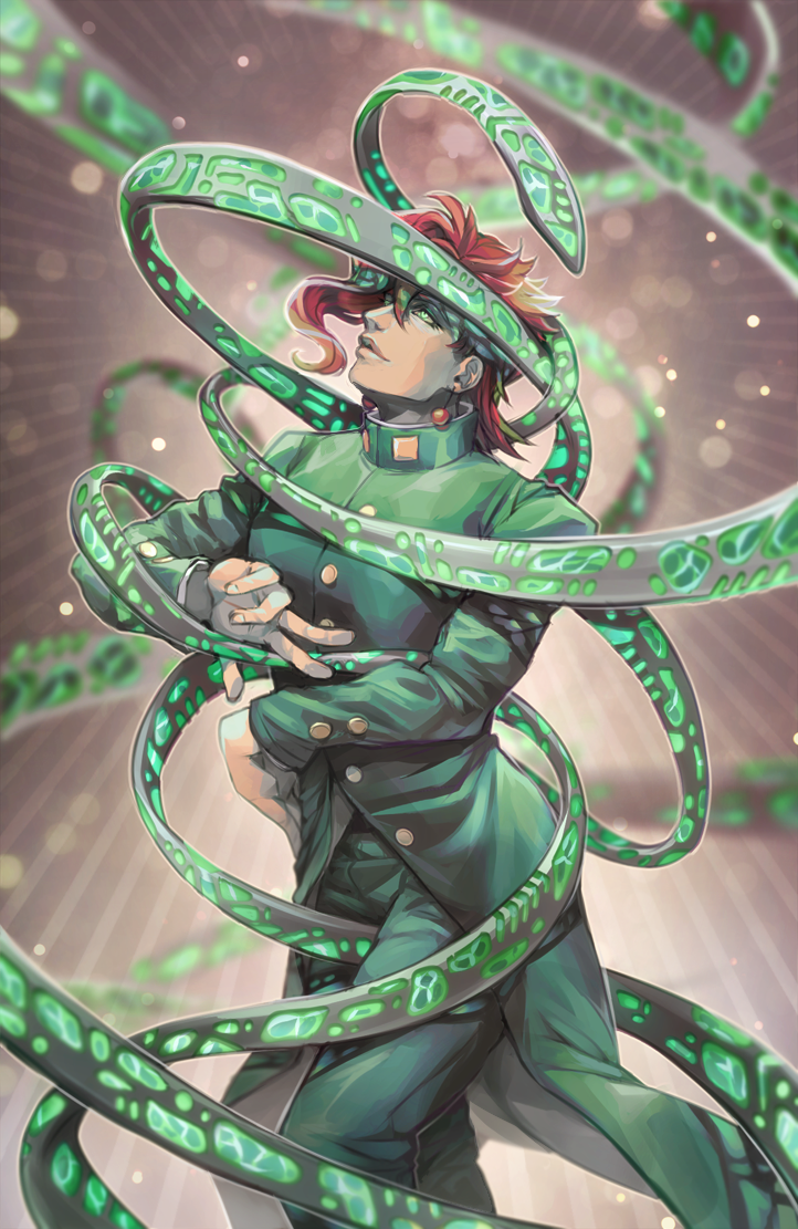 1boy, blurry, depth_of_field, earrings, gakuran, green_eyes, hierophant_green, jewelry