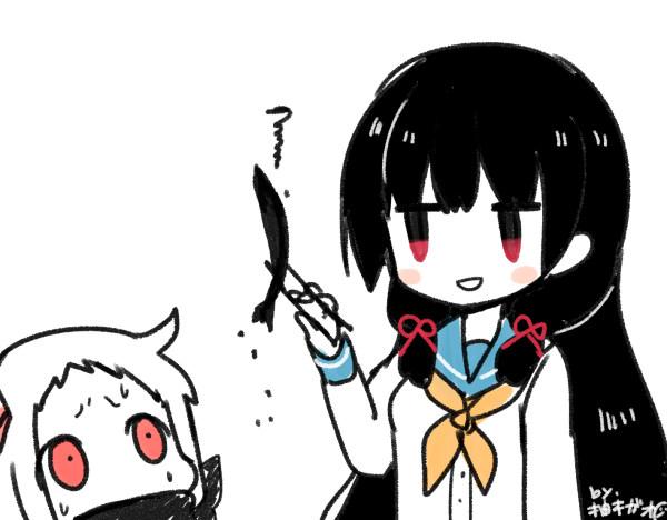 2girls, ahoge, black_hair, blush, burn, chopsticks, commentary, fish