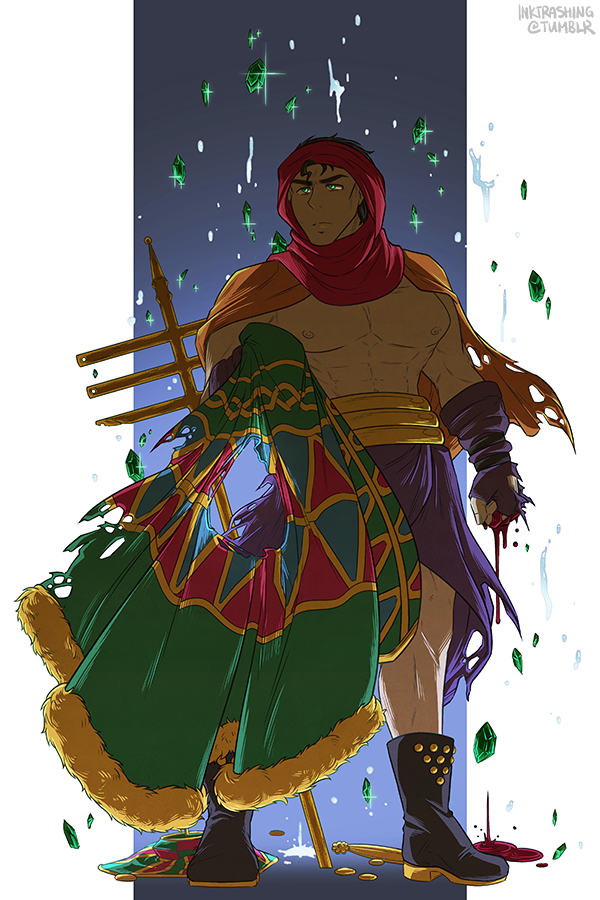 1boy, abs, artist_name, black_hair, blood, boots, cape, fingerless_gloves, gloves, green_eyes, holding, hole, jojo_no_kimyou_na_bouken, kuujou_joutarou, miru_(inktrashing), muscle, pool_of_blood, robe, skirt, solo, staff, torn_clothes