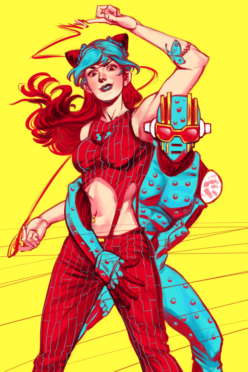 1girl, arm_around_waist, blue_hair, blue_lipstick, double_bun, highres, jojo_no_kimyou_na_bouken, kuujou_jolyne