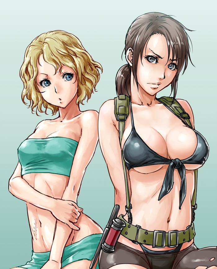 2girls, arms_behind_back, bandeau, bikini, blonde_hair, blue_eyes, breasts, brown_hair