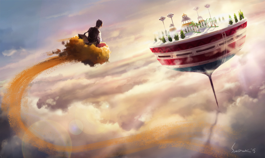 1boy, above_clouds, building, clouds, dated, dragon_ball, dragon_ball_z, flying