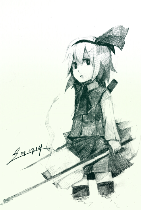 govurin, graphite, graphite_(medium), hairband, hitodama, katana, konpaku_youmu, konpaku_youmu_(ghost)