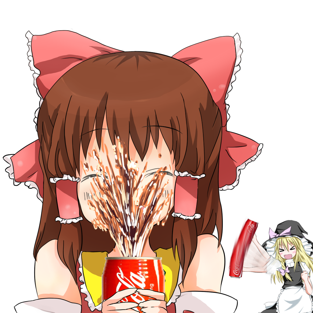 >_<, 2girls, :d, apron, bare_shoulders, blush, bow, brown_hair, closed_eyes, coca-cola, cookie_(touhou), detached_sleeves, fist_pump, hair_bow, hair_ribbon, hair_tubes, hakurei_reimu, hat, kirisame_marisa, large_bow, long_hair, motion_blur, multiple_girls, open_mouth, otemoto_(baaaaloooo), prank, reu, ribbon, shaking, smile, soda, soda_can, spraying, touhou, uzuki_(cookie), witch_hat, xd