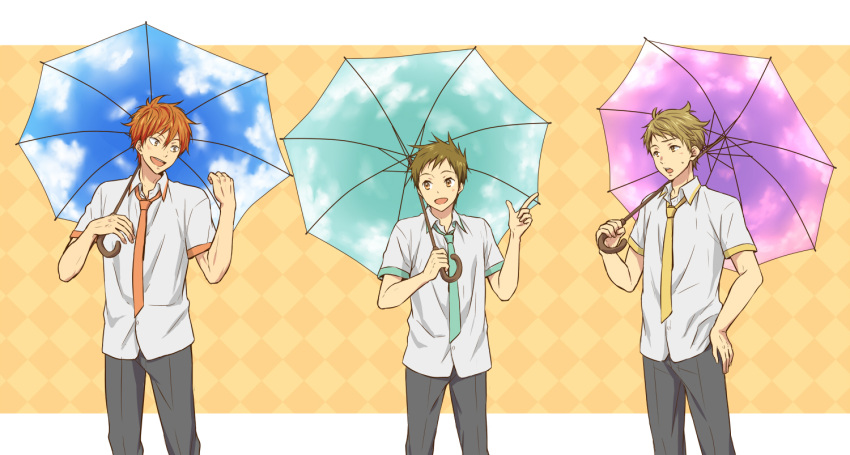 3boys, blonde_hair, brown_eyes, brown_hair, company_connection, crossover, dress_shirt, free!
