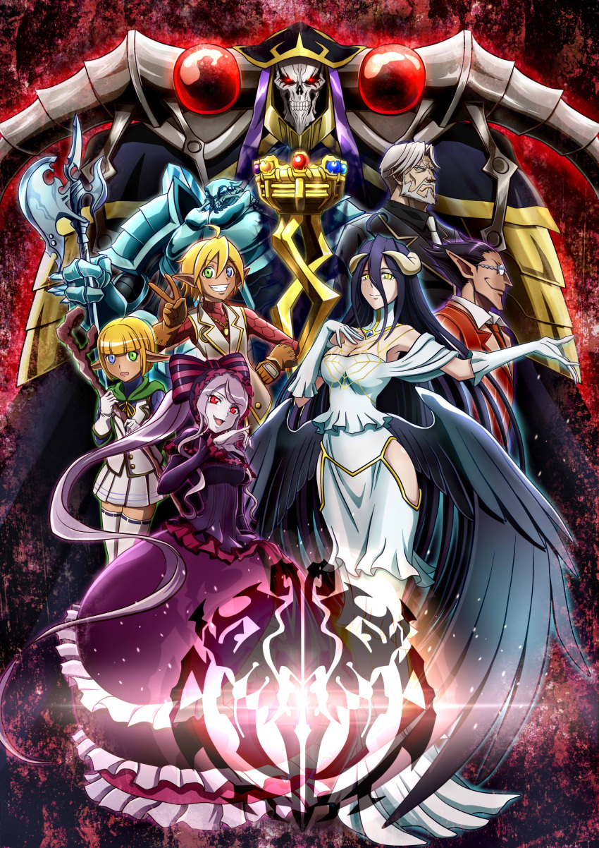 3girls, 5boys, absurdres, ainz_ooal_gown, albedo, aura_bella_fiora, bare_shoulders, black_hair