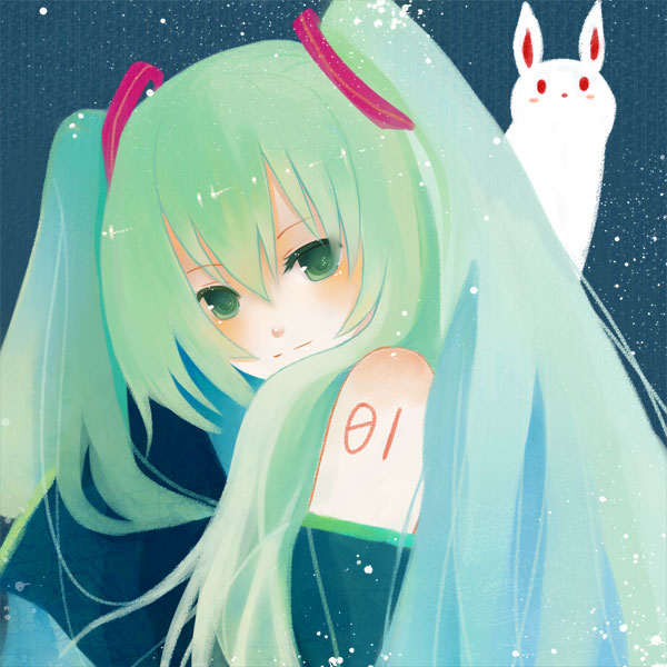 bunny, detached_sleeves, green_eyes, green_hair, hatsune_miku, long_hair, rabbit, rinvi